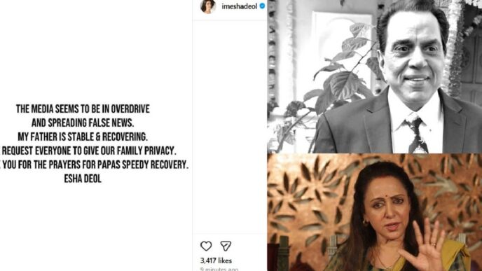 Daughter Esha says ‘Father Dharmendra recovering’; Hema Malini calls death reports ‘extremely disrespectful’