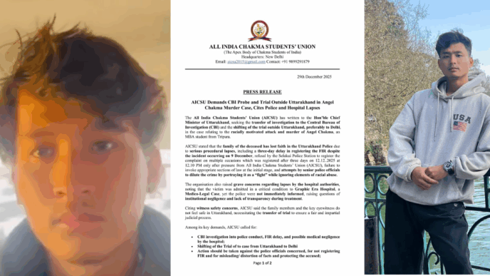 Family threatened with death for filing FIR in Angel Chakma case, alleges AICSU